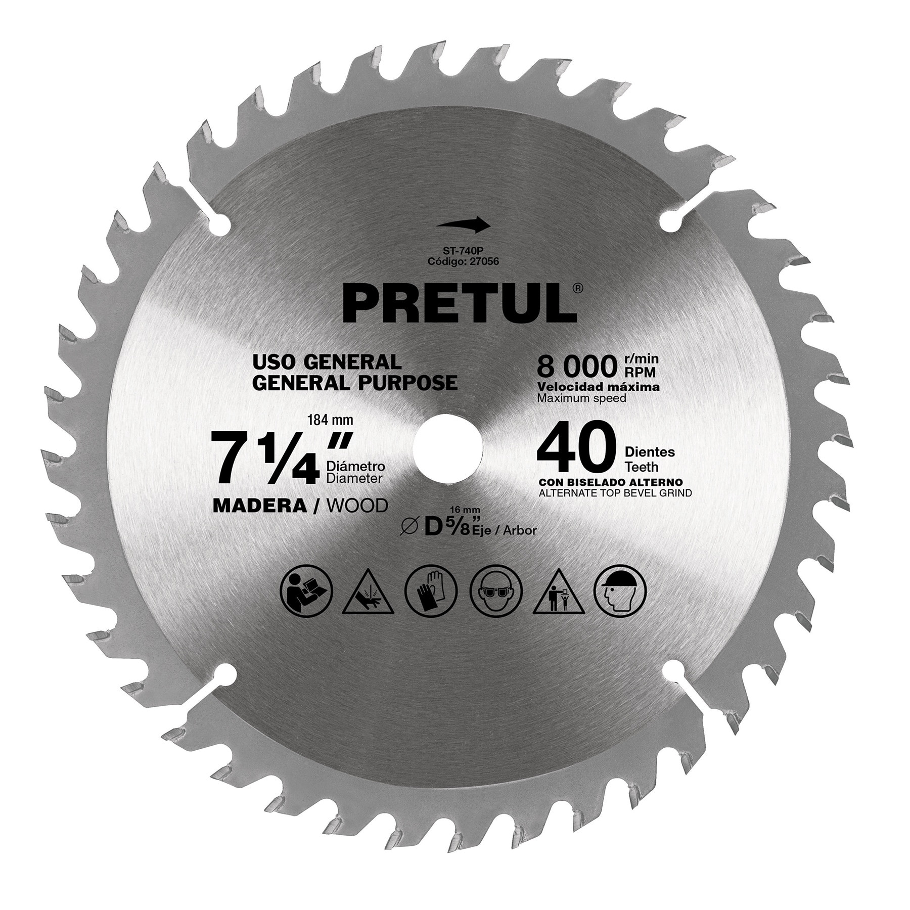 Disco sierra 7-1/4" p/madera, 40 dientes centro 5/8", PRETUL