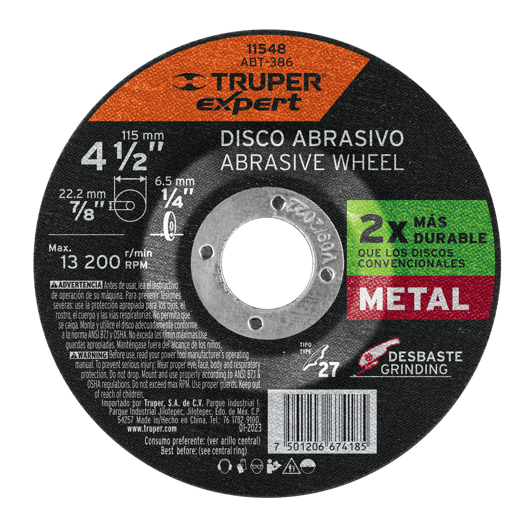 Disco Tipo 27 de 4-1/2" x 6.4 mm desbaste de metal, EXPERT