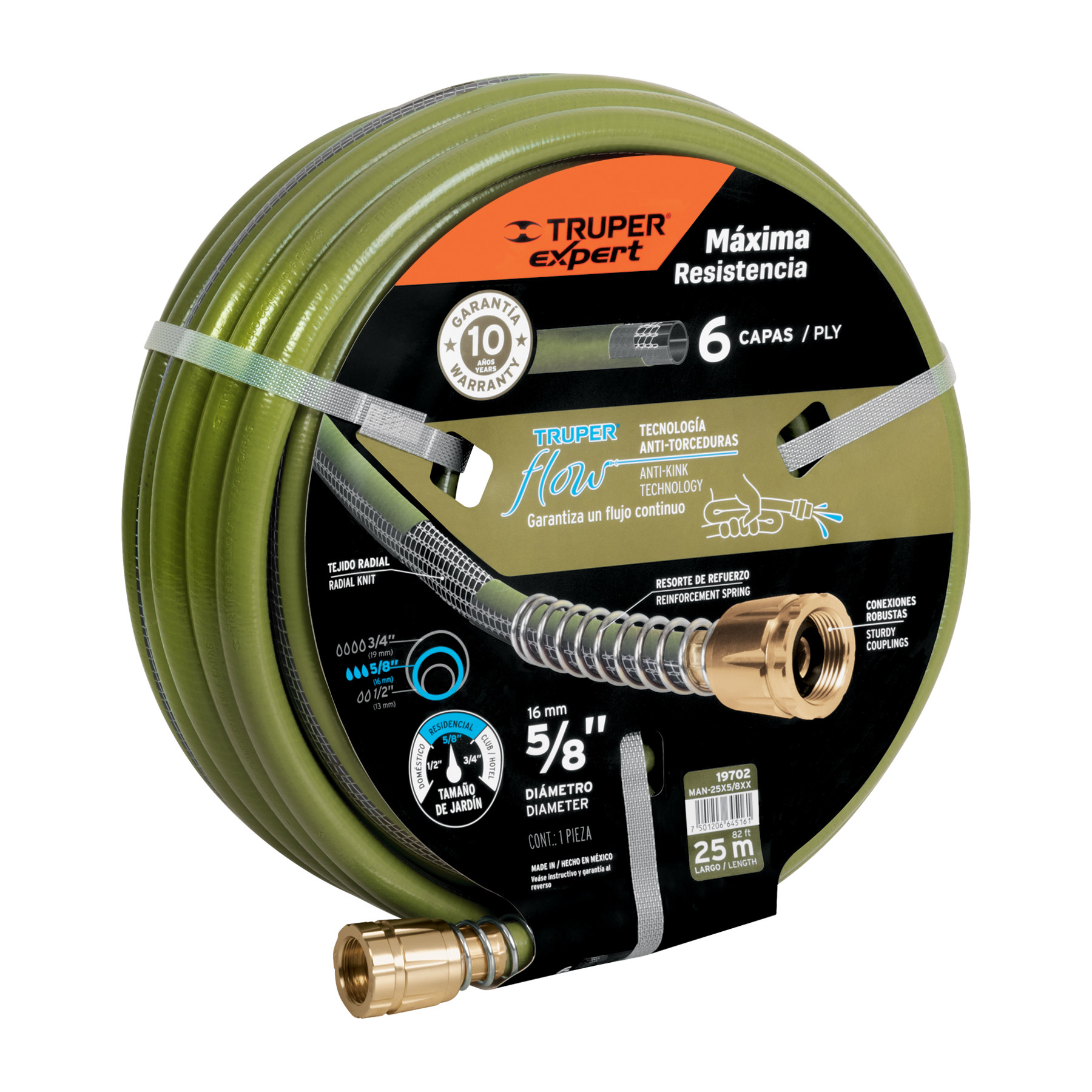 Manguera 5/8" anti-torceduras 6 capas 25m conexiones d/metal