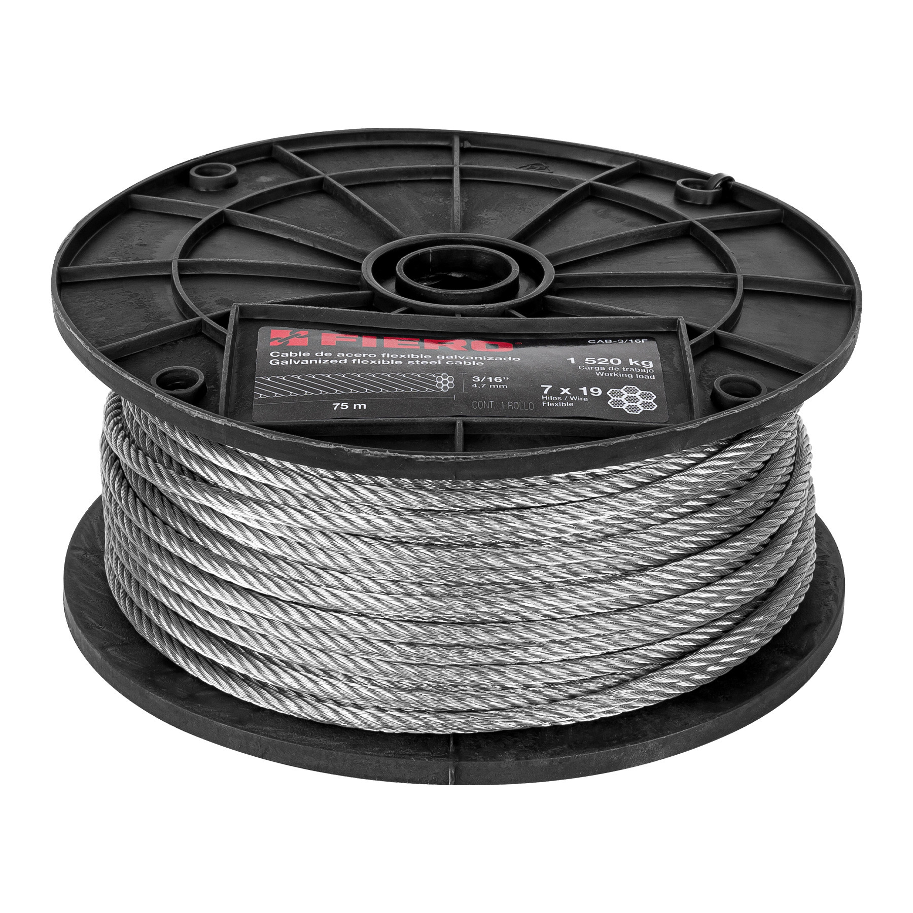Metro de cable flexible 3/16" de acero 7x19 hilos, 75 m