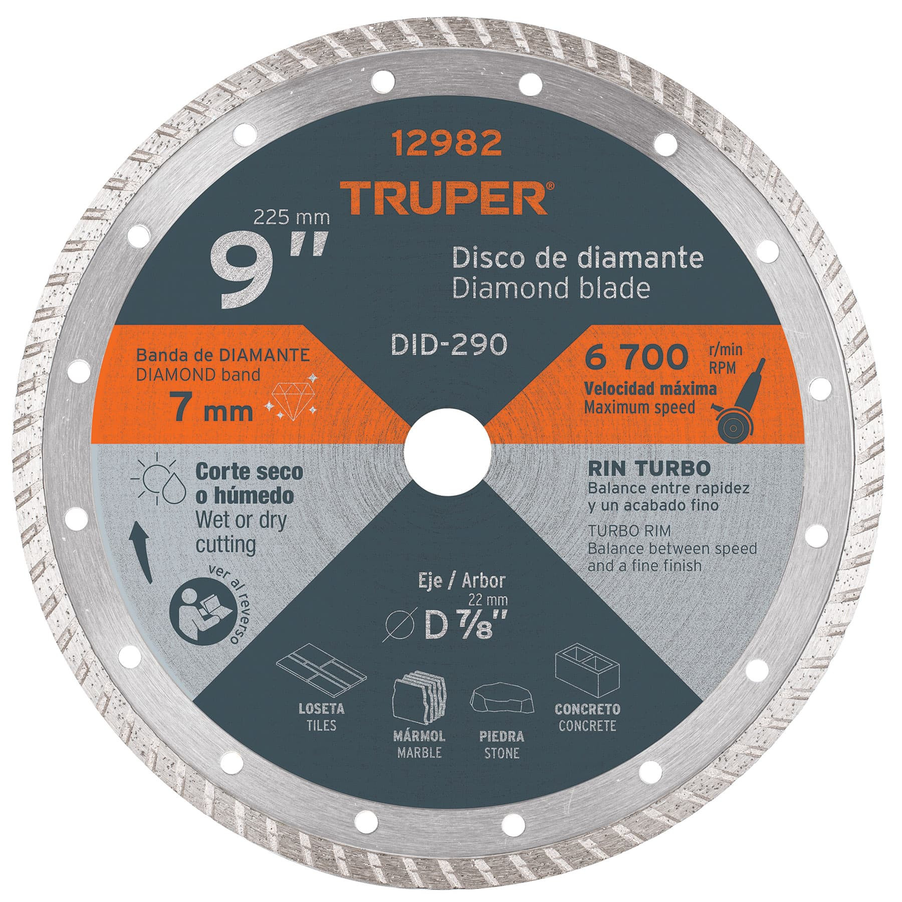 Disco de diamante de 9" x 3 mm, rin turbo, TRUPER