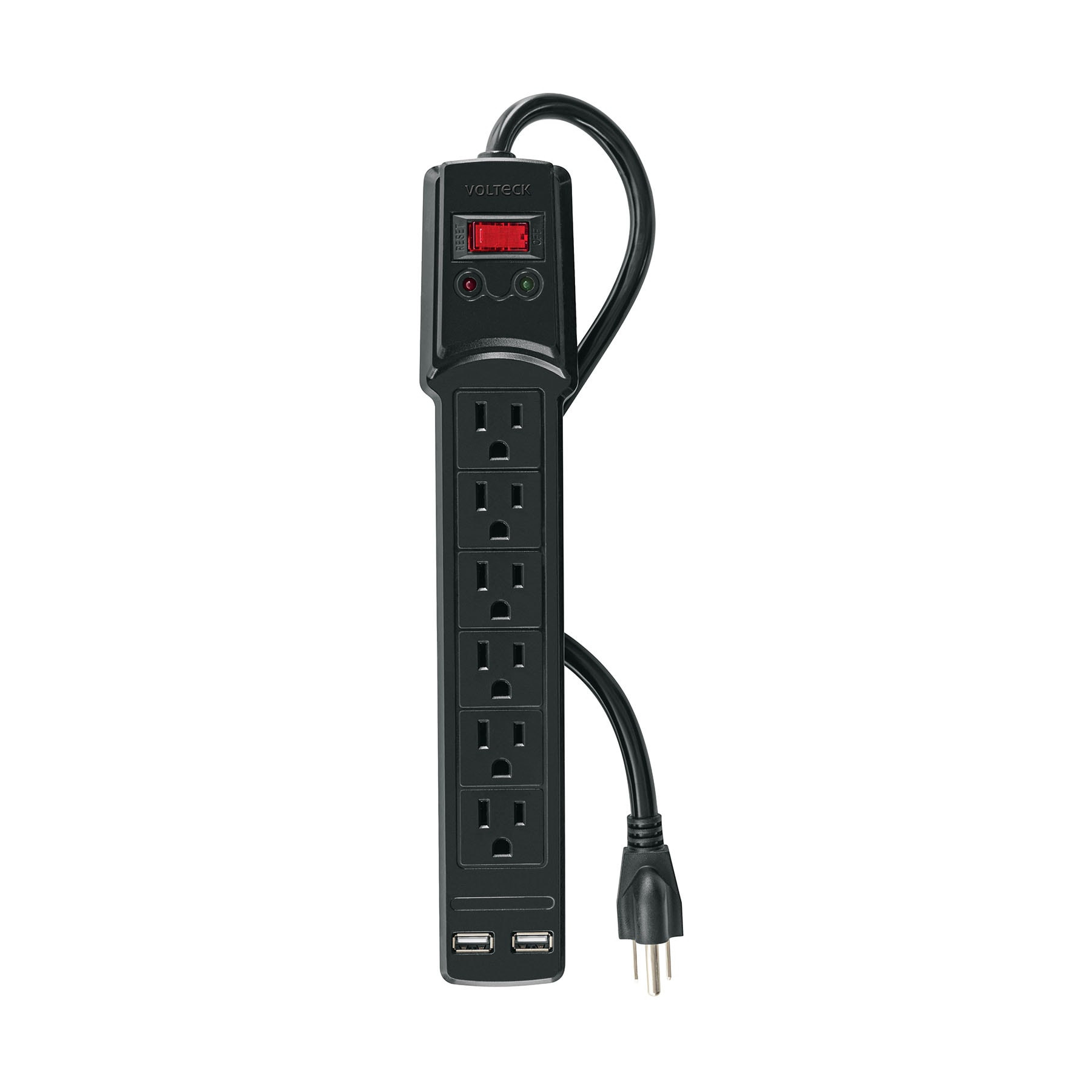 Multicontacto 14 AWG 6 entradas, 2 puertos USB, 850 J, negro