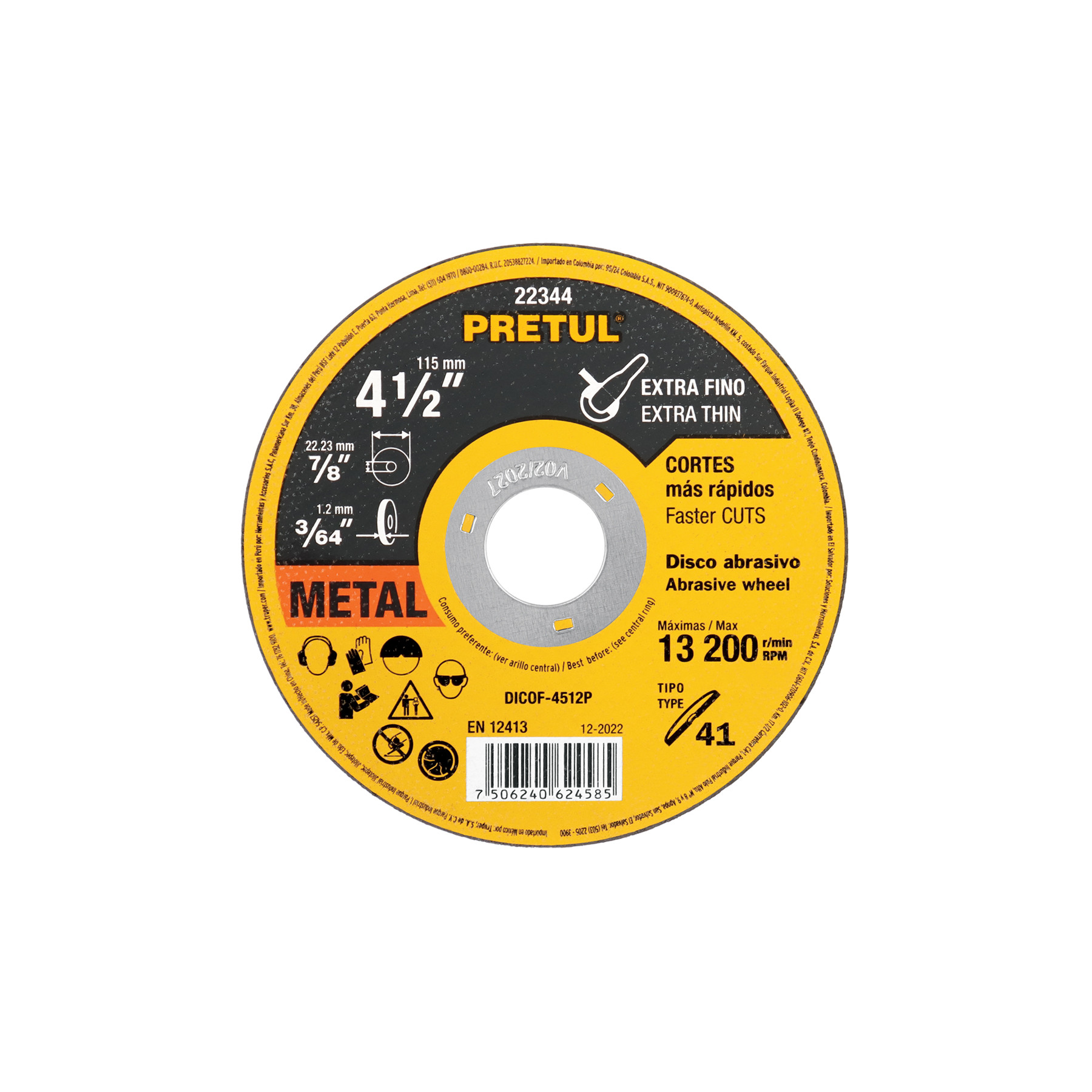 Disco abrasivo de corte preciso metal 4-1/2" x 1.2 mm PRETUL