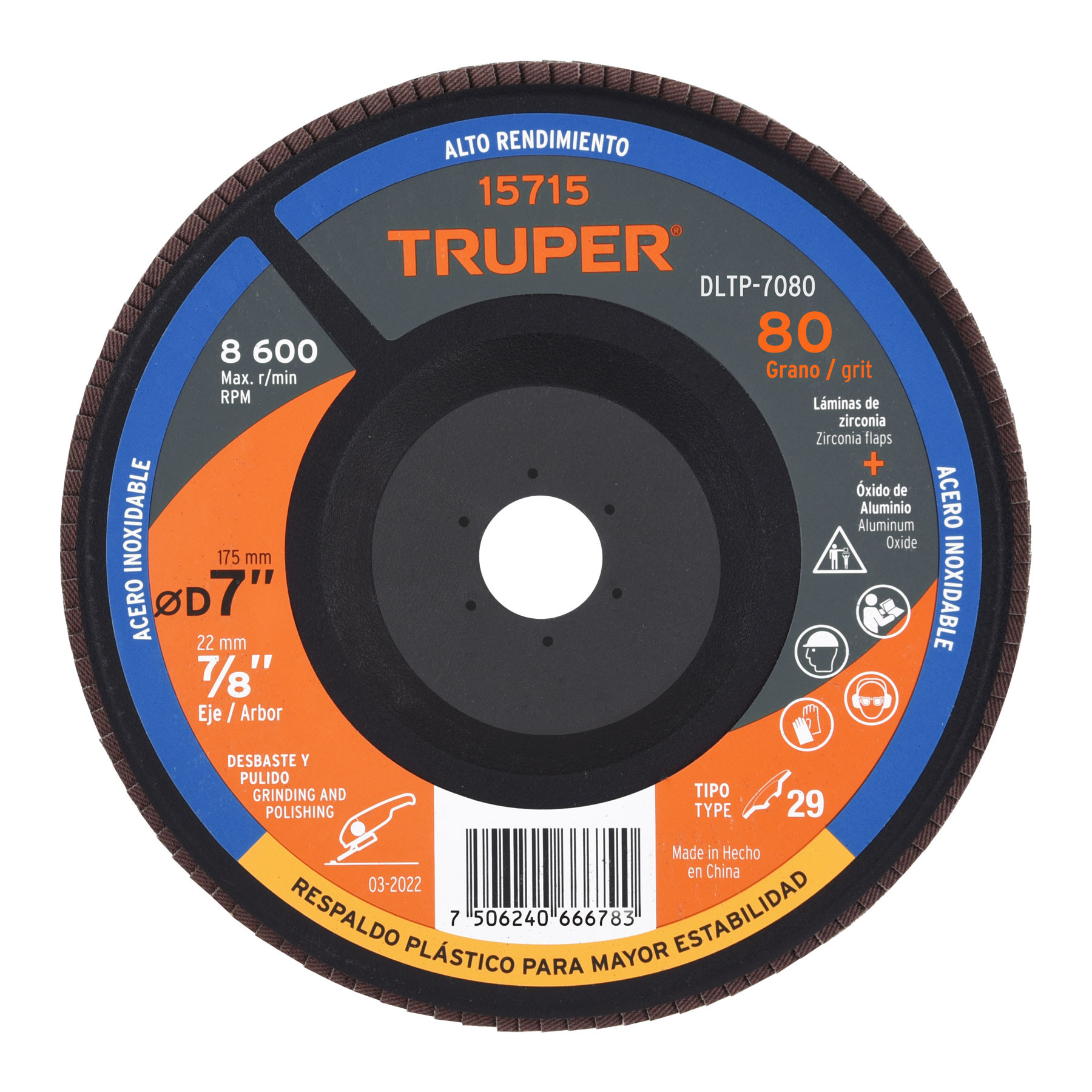 Disco laminado 7" grano 80 centro 7/8", plástico, TRUPER