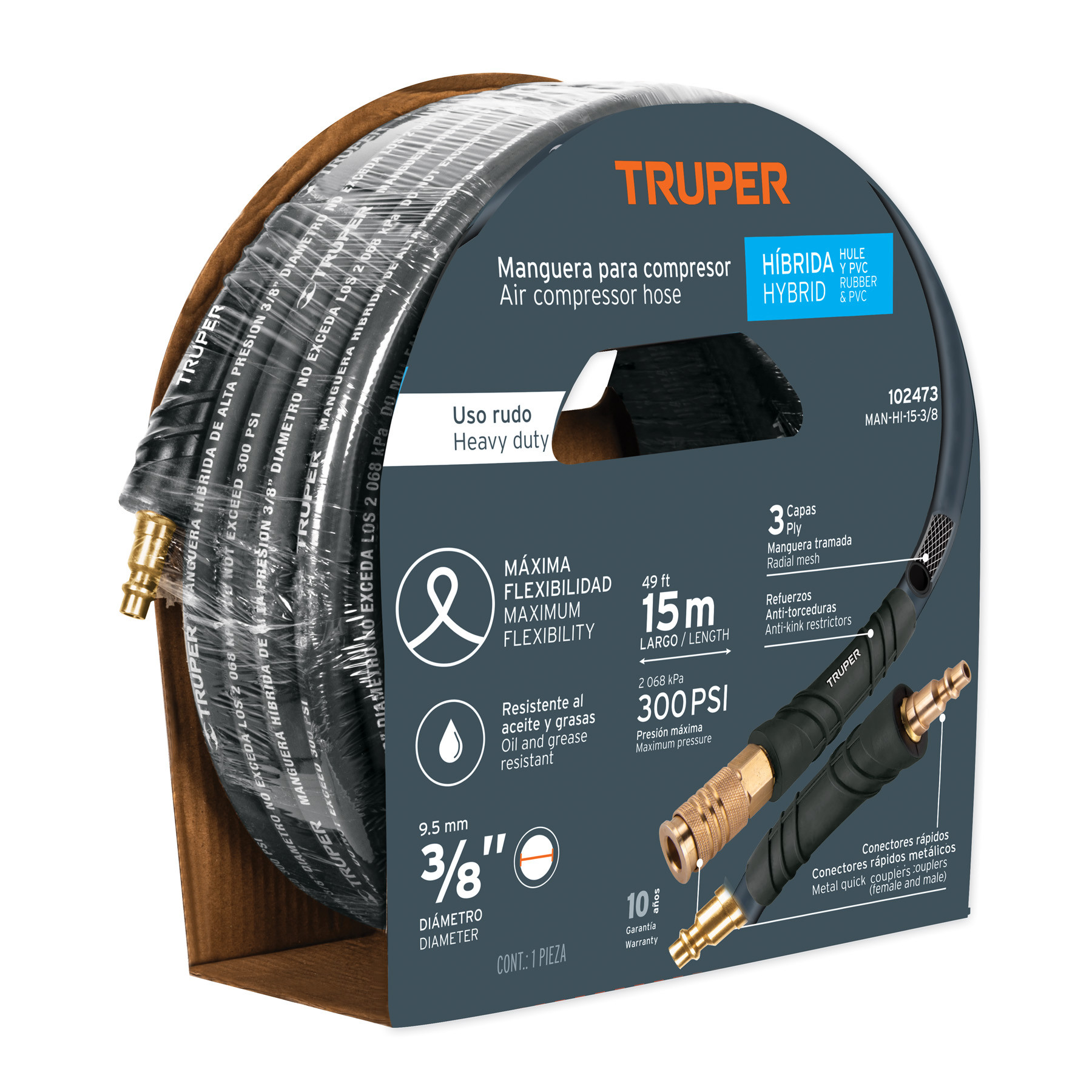 Manguera para compresor, híbrida, 15m x 3/8", TRUPER