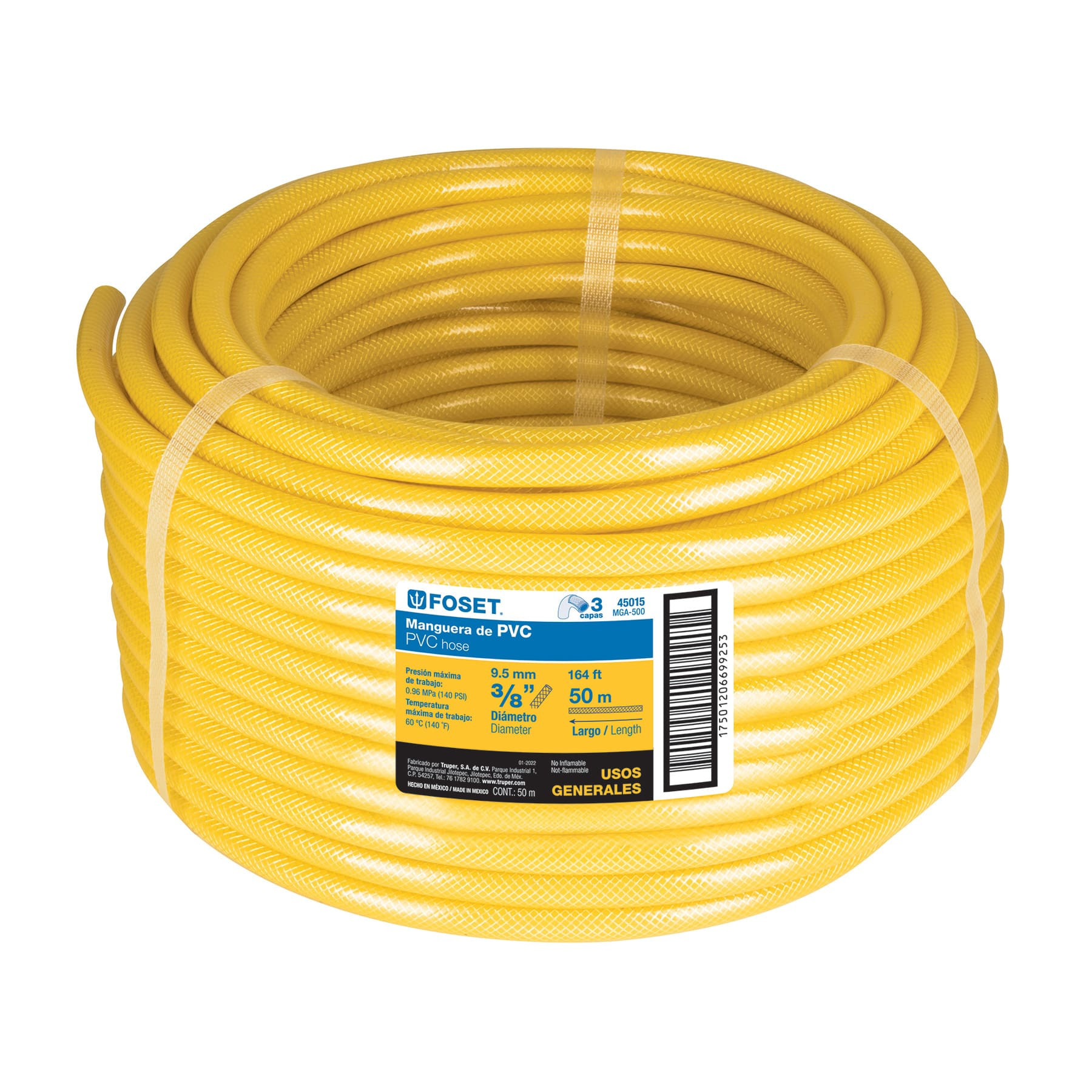 Manguera para gas, PVC amarilla, 3/8" s/conexión, 50 m,FOSET