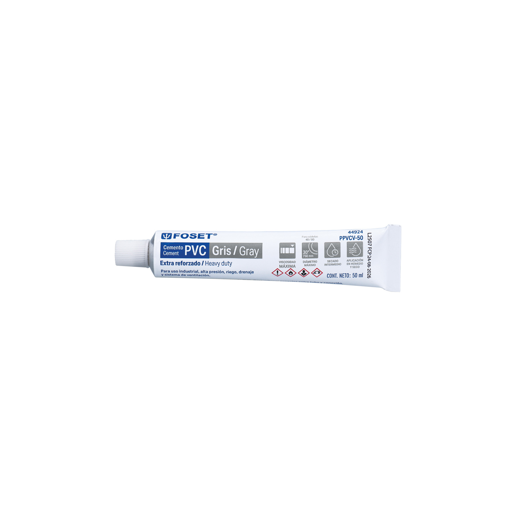 Cemento para PVC, gris, máxima viscosidad, tubo 50ml, FOSET