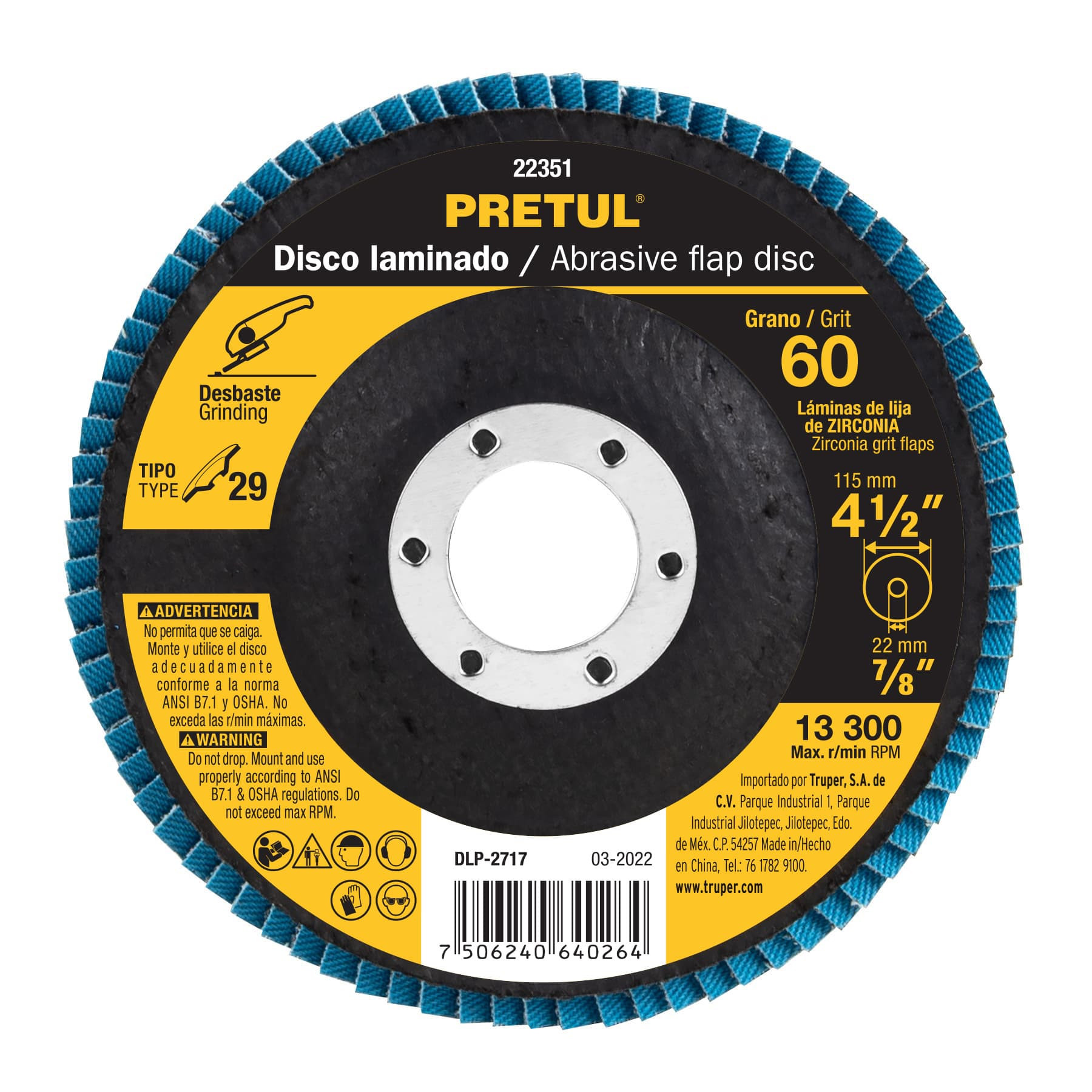 Disco laminado 4-1/2", grano 60 centro 7/8", fibra, PRETUL