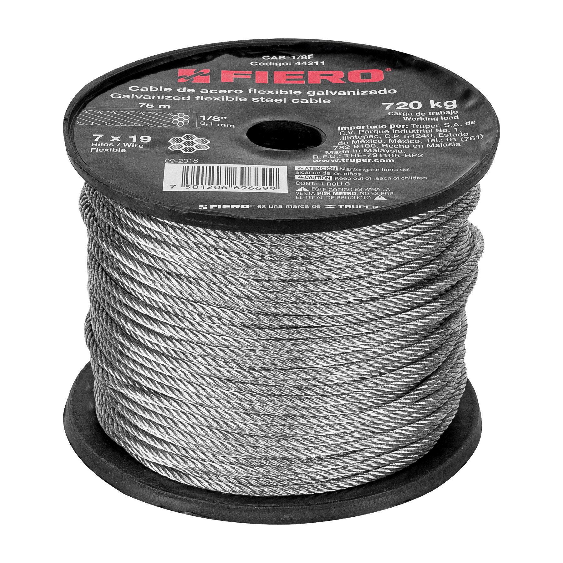 Metro de cable flexible 1/8" de acero 7x19 hilos, 75 m