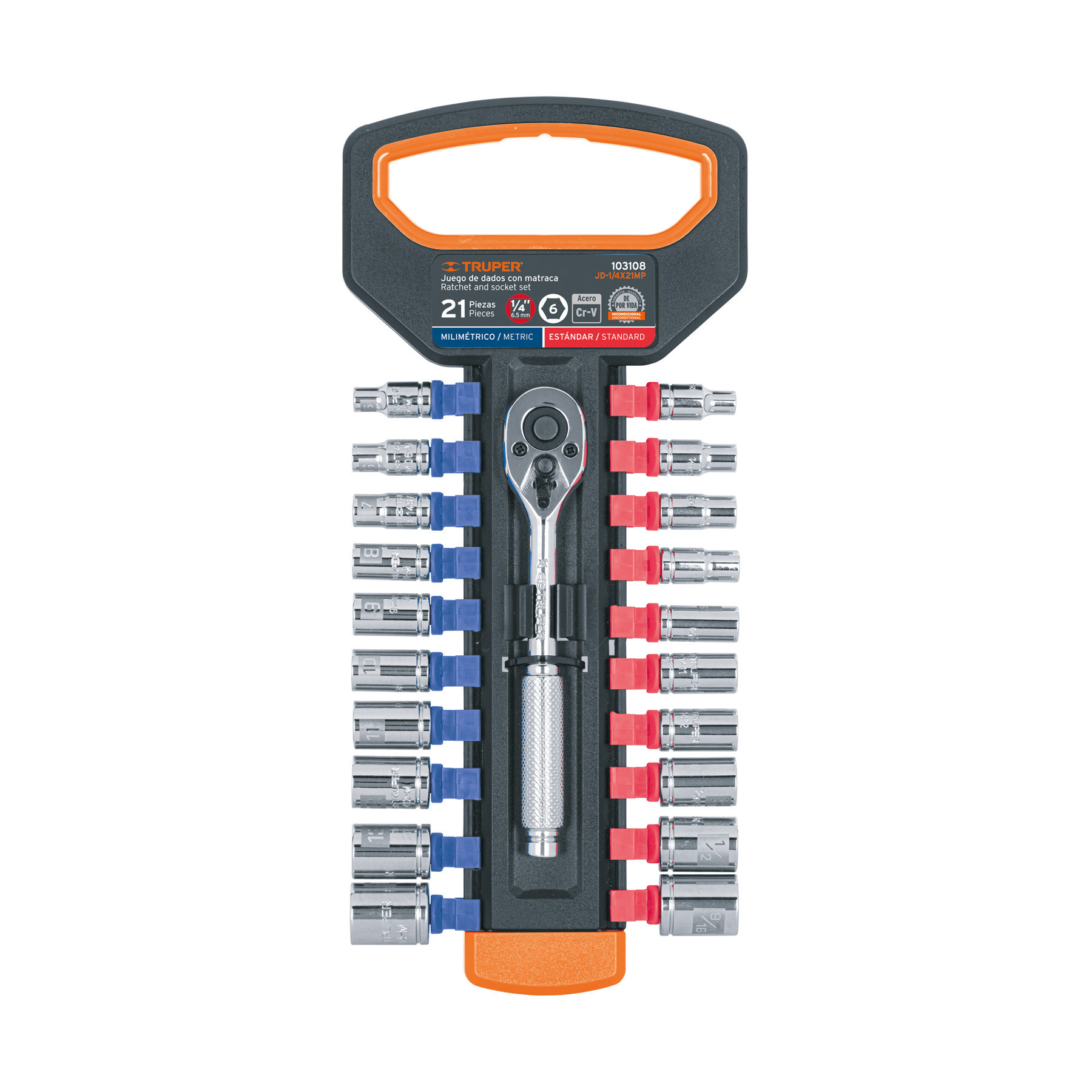 Juego de dados mm y std con matraca, cuadro 1/4", TRUPER