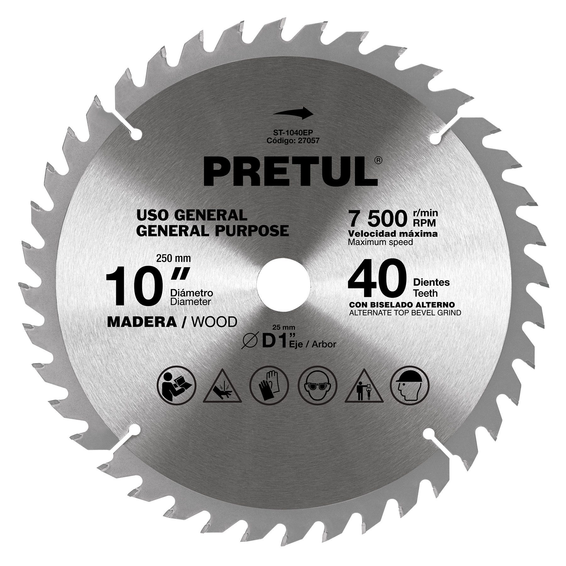 Disco sierra 10" para madera, 40 dientes centro 1", PRETUL