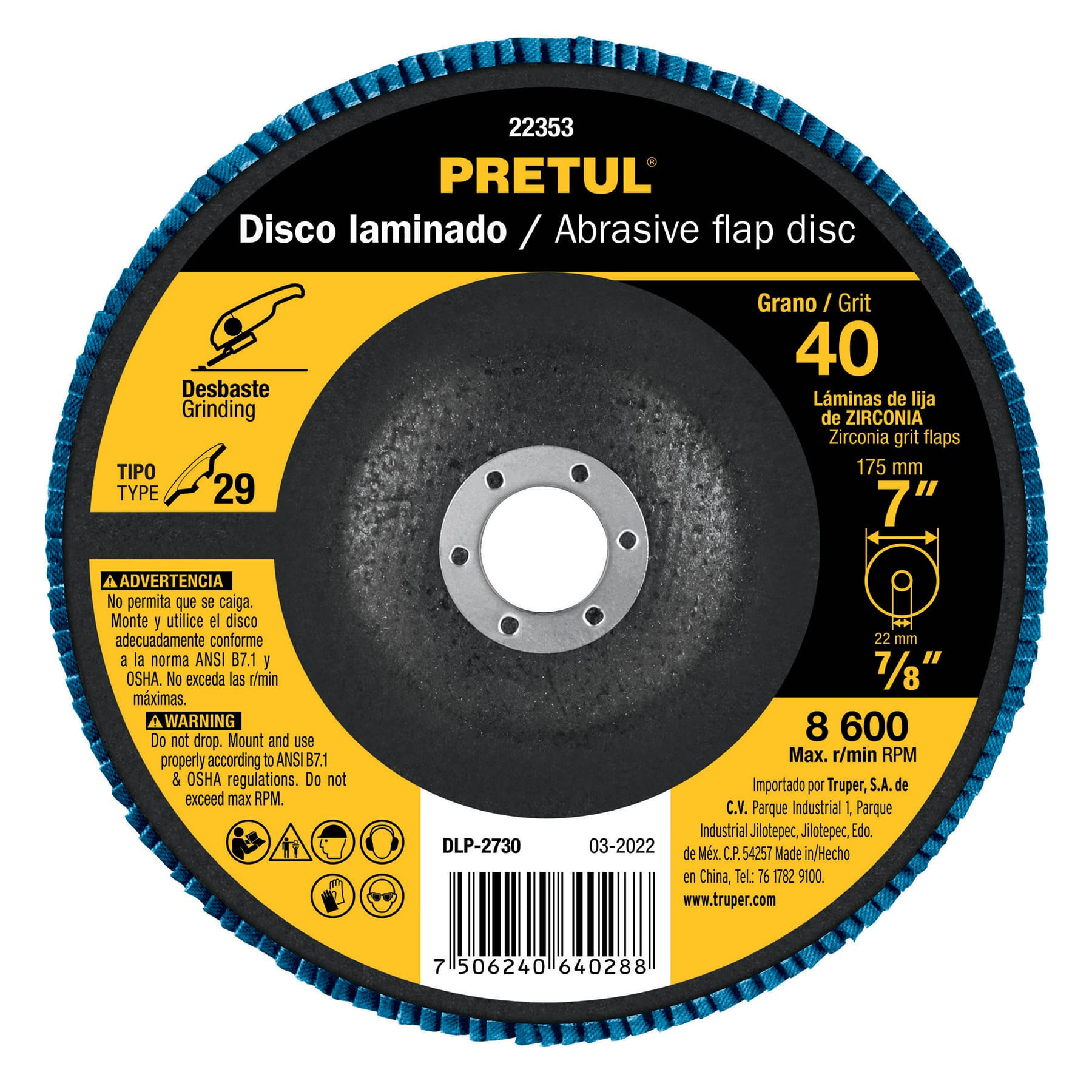 Disco laminado 7", grano 40 centro 7/8", fibra, PRETUL