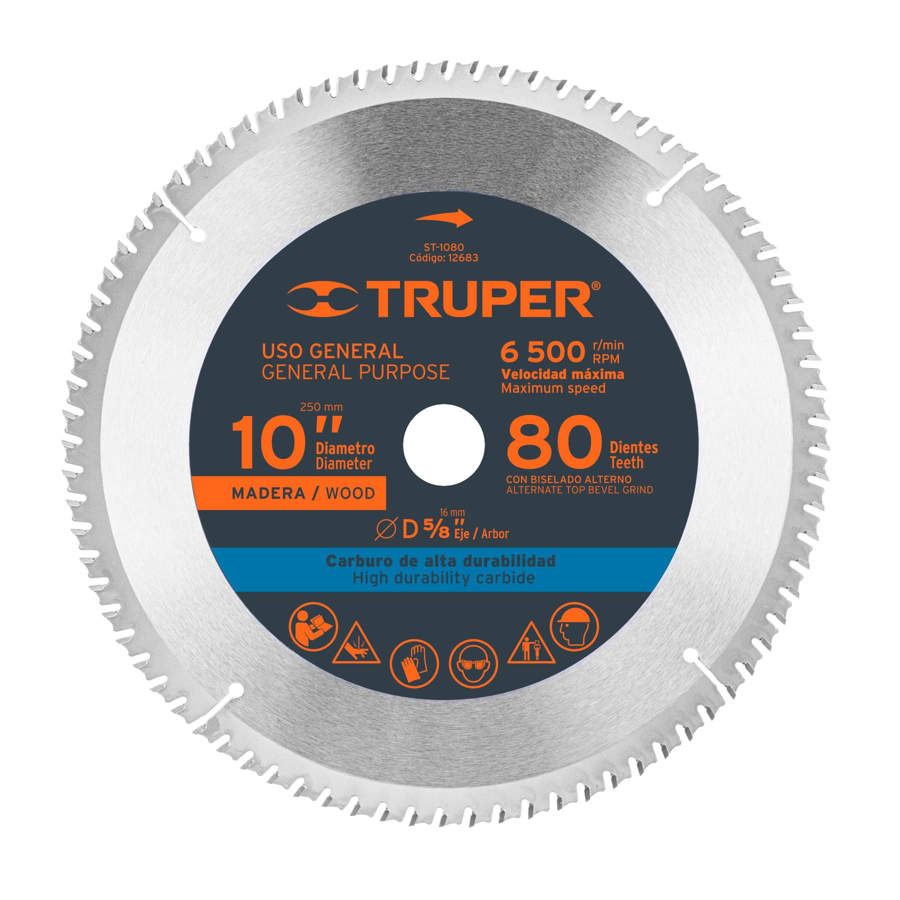 Disco sierra 10" para madera, 80 dientes centro 5/8", TRUPER