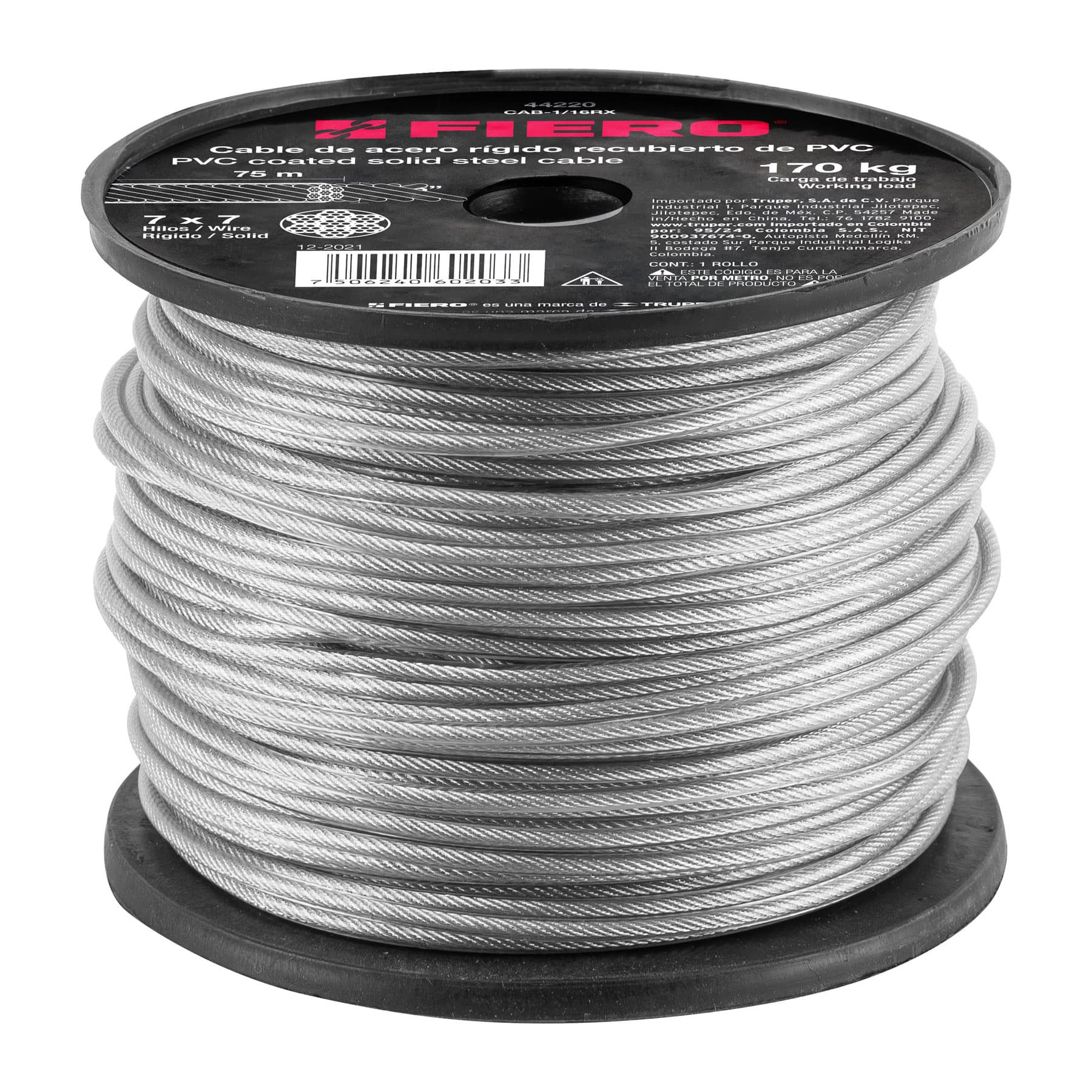Metro de cable rígido 1/16" acero 7x7 recubierto PVC, 75 m