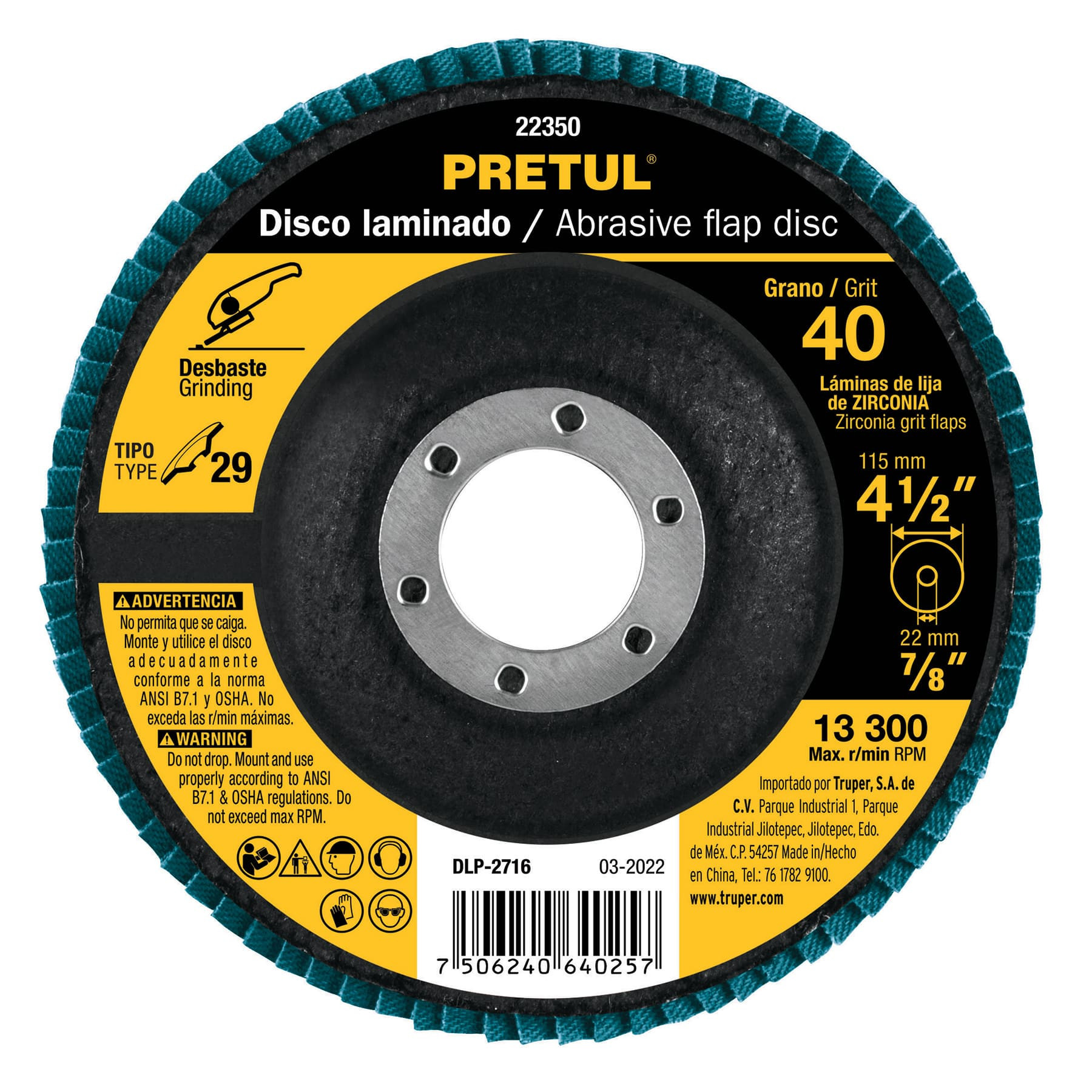 Disco laminado 4-1/2", grano 40 centro 7/8", fibra, PRETUL