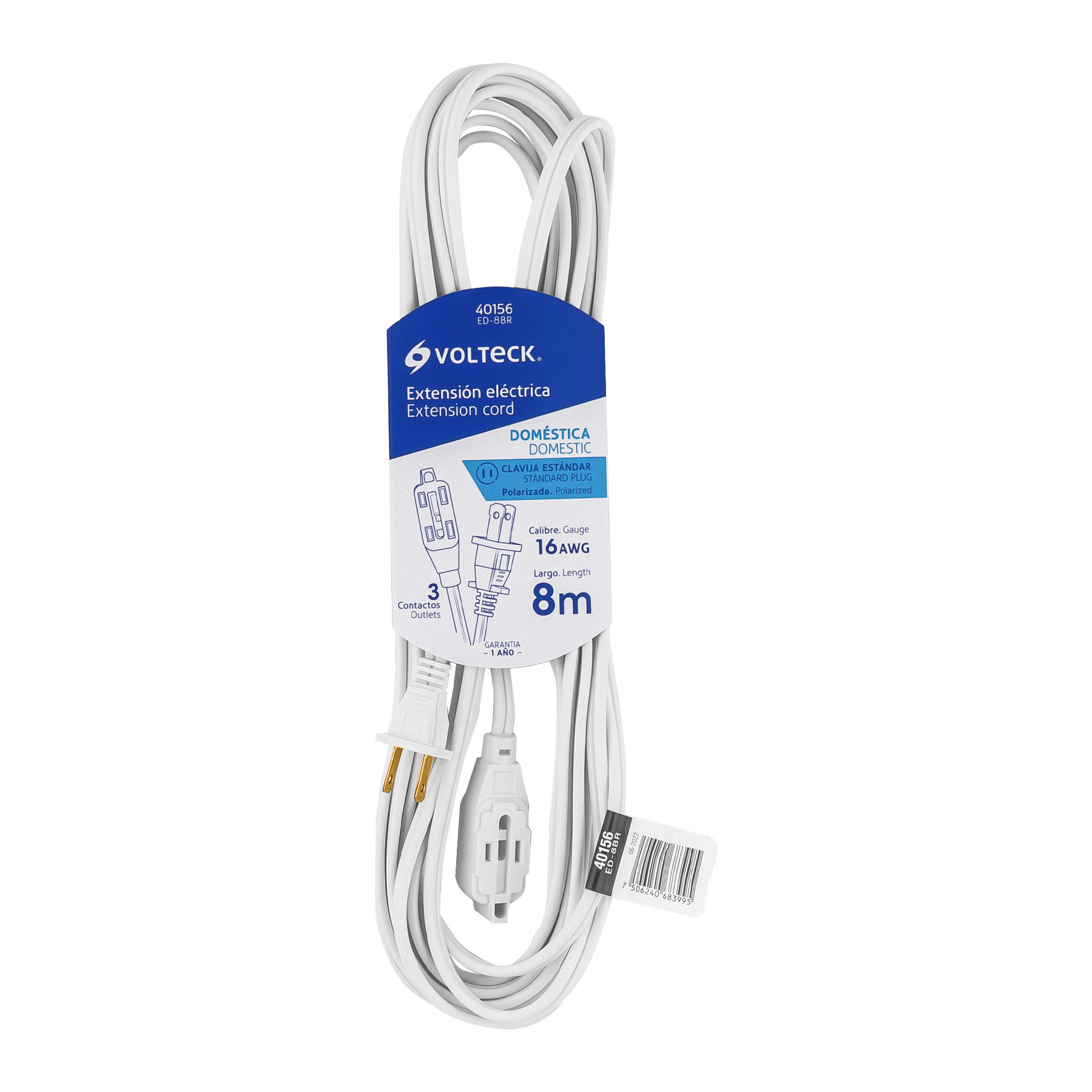 Extensión eléctrica doméstica 8 m clavija recta, blanca
