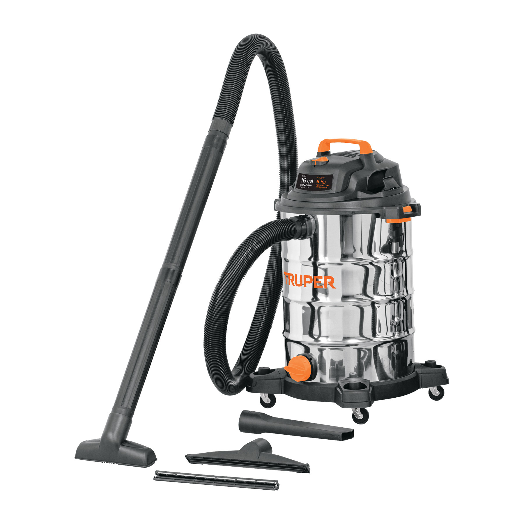 Aspiradora de sólidos y líquidos, 16 gal, acero inox, TRUPER