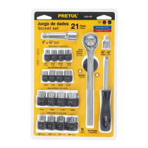 Juego de 21 herramientas 1/4" y 3/8" para mecánico, PRETUL