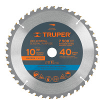 Disco sierra 10" para madera, 40 dientes centro 1", TRUPER