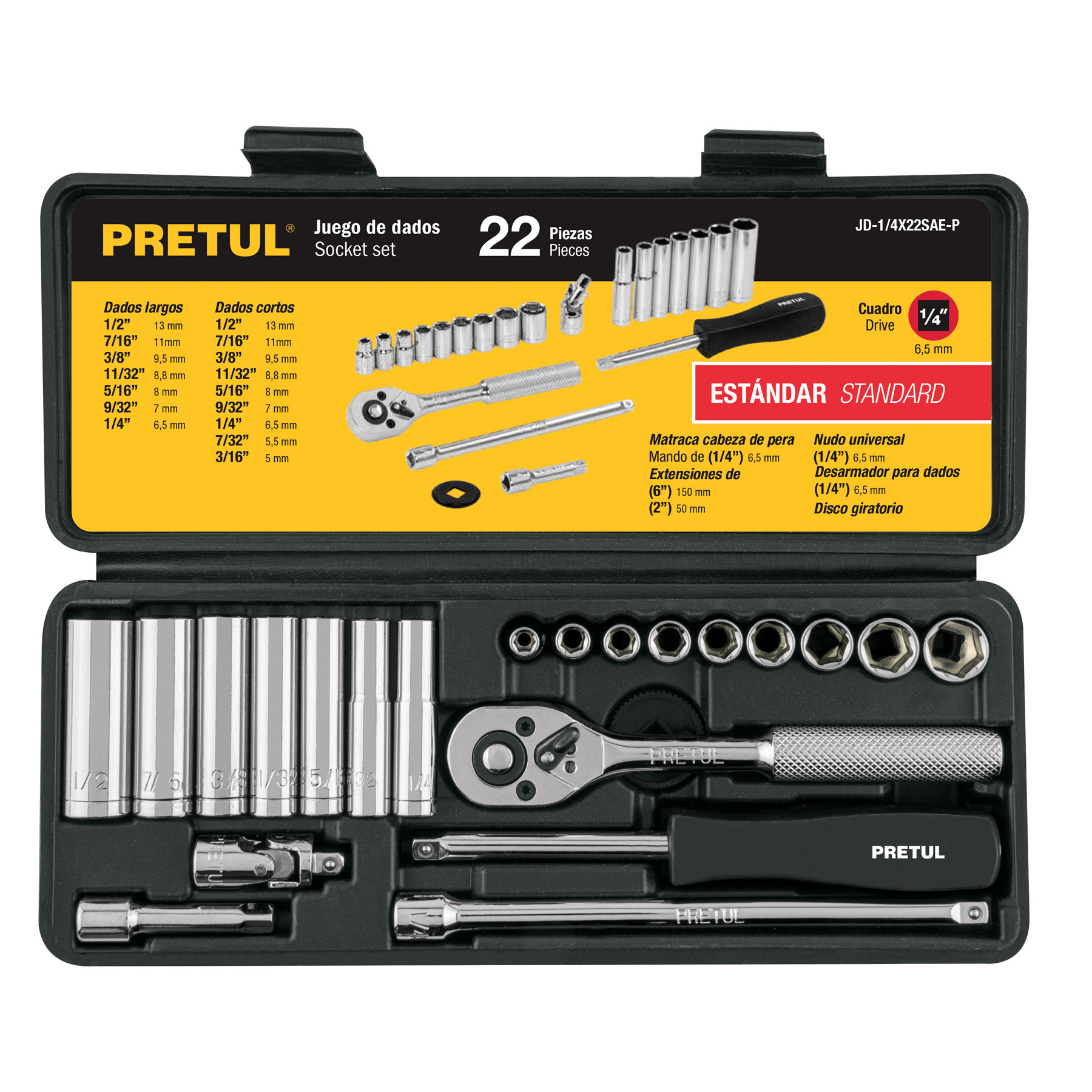 Juego de 22 herramientas 1/4" std para mecánico, PRETUL