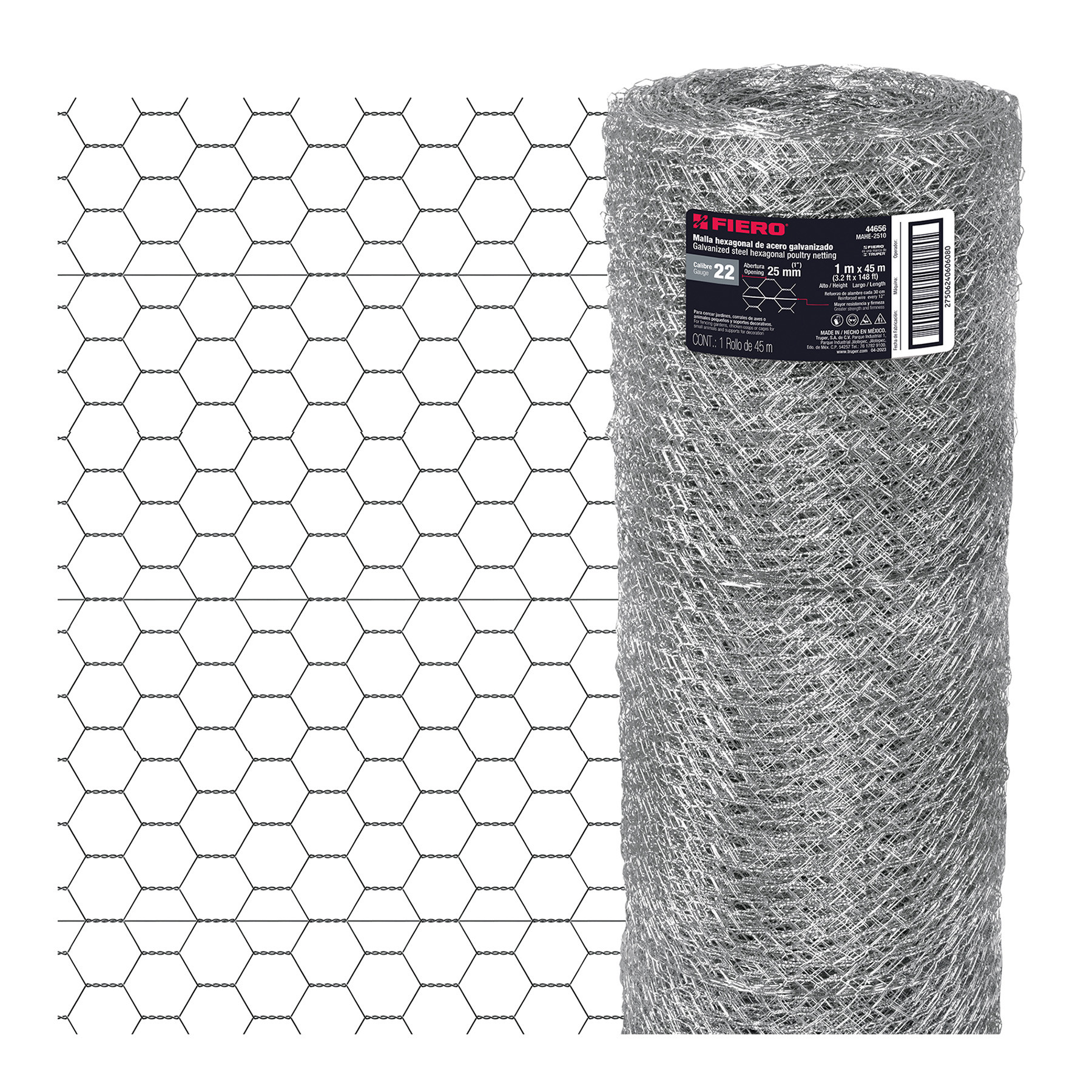 Rollos de mallas hexagonales de acero galvanizado, 45 m