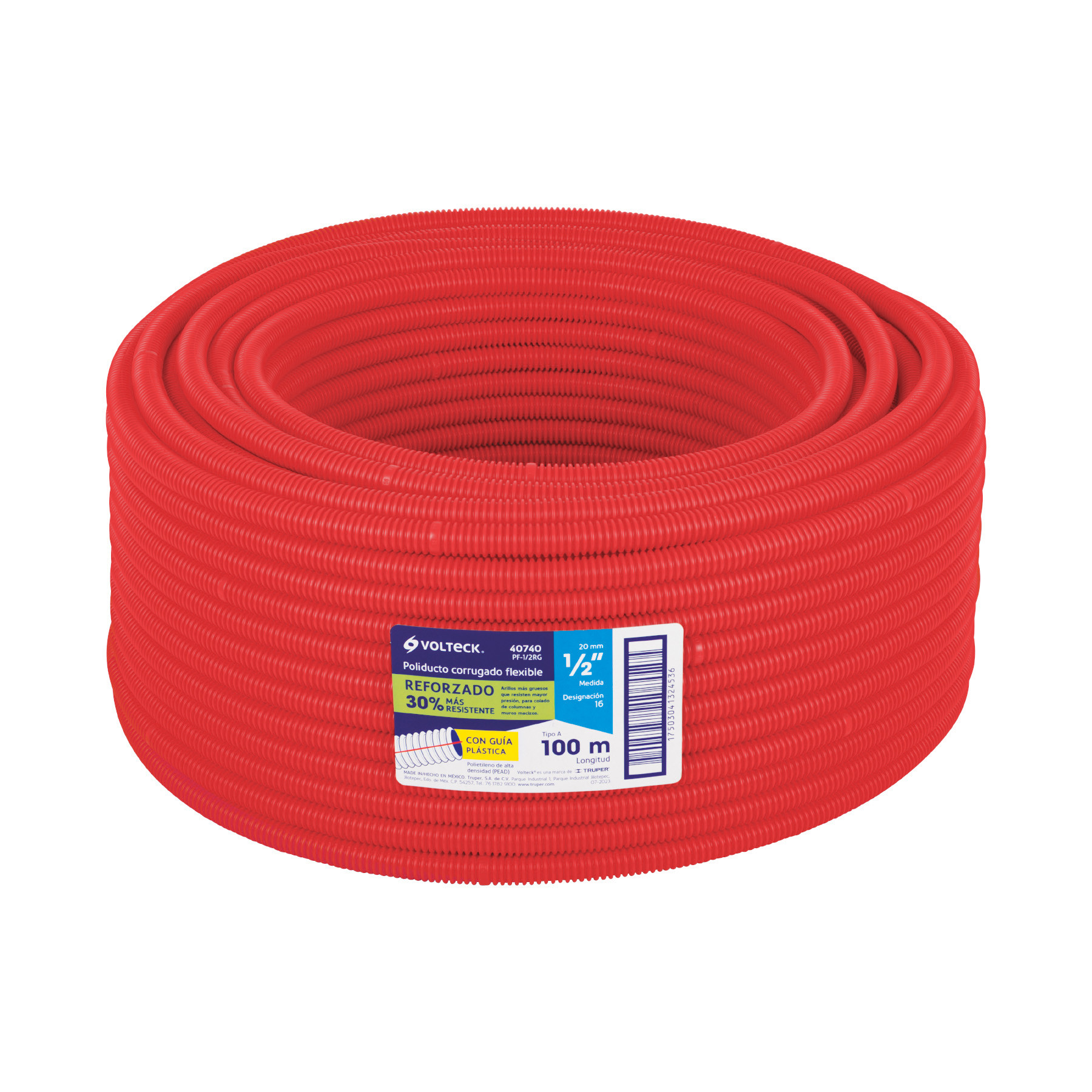 Metro de poliducto 1/2" corrugado flex. reforz. c/guía, 100m