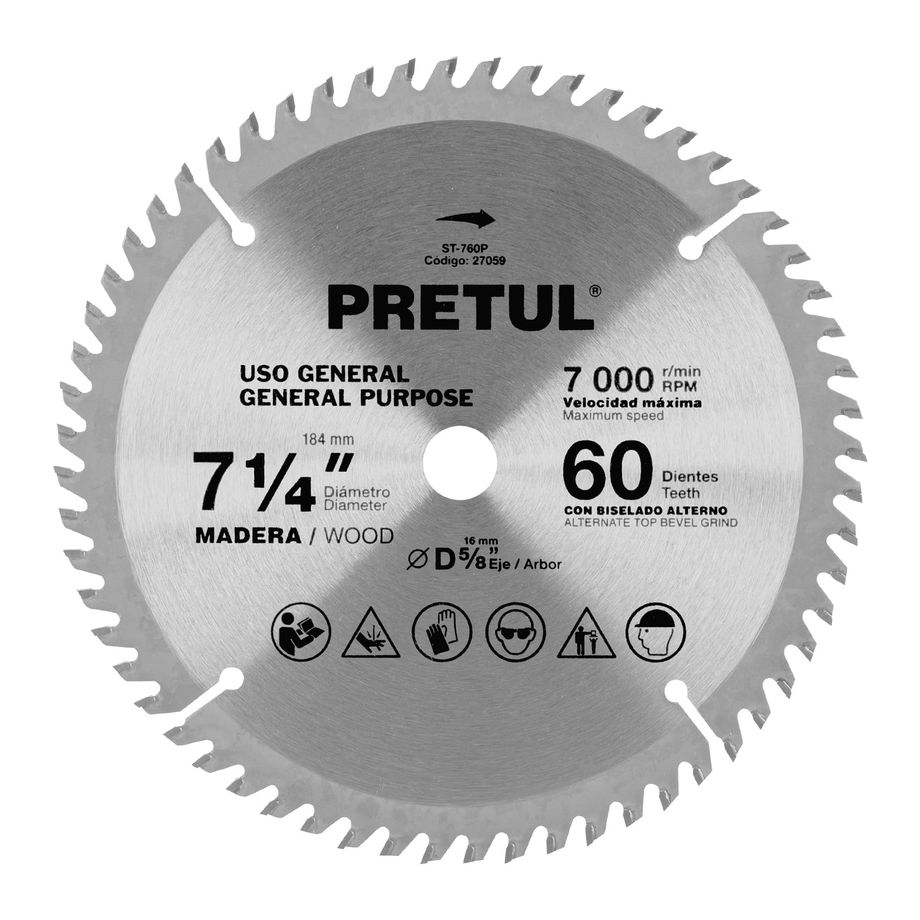 Disco sierra 7-1/4" p/madera, 60 dientes centro 5/8", PRETUL
