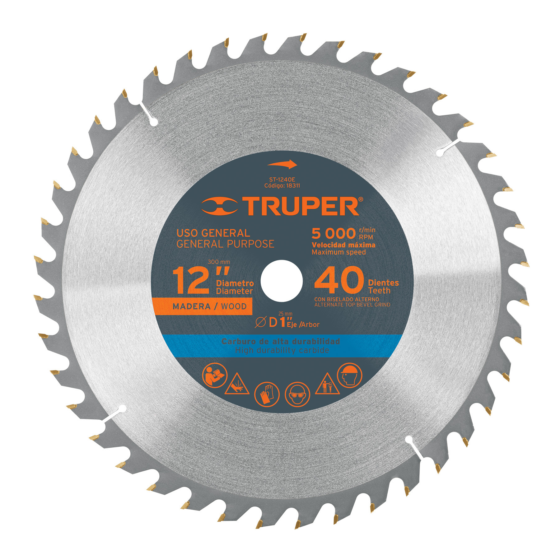 Disco sierra 12" para madera, 40 dientes centro 1", TRUPER